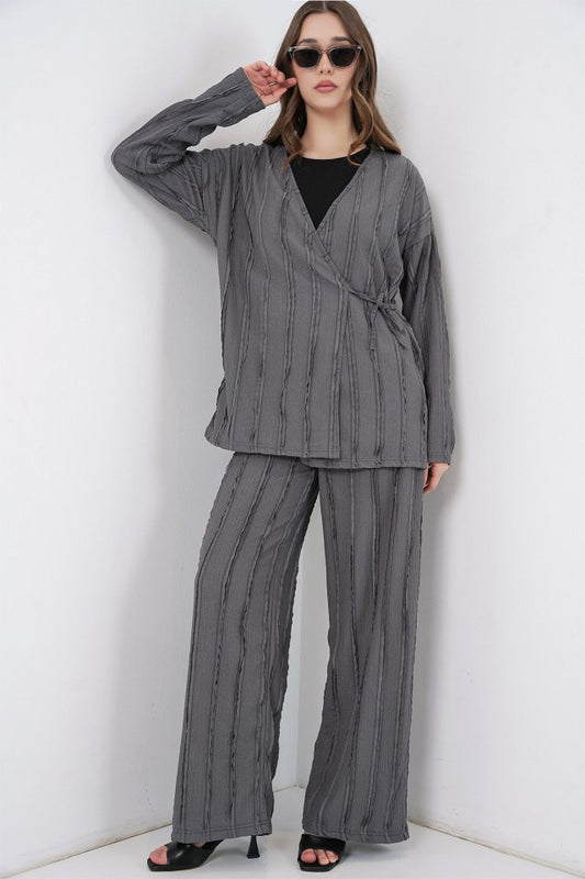 Örme Kimono Pantolon İkili Takım 30067 - Gri
