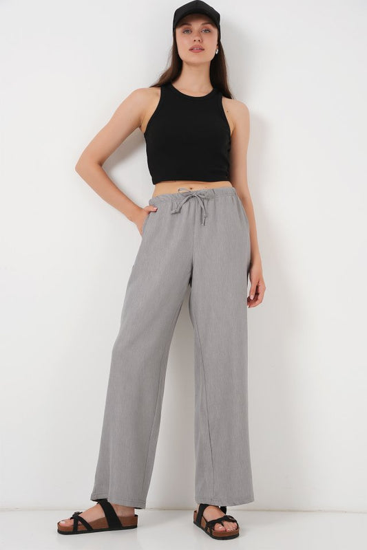 Geniş Paça Keten Pantolon 6735 - Gri