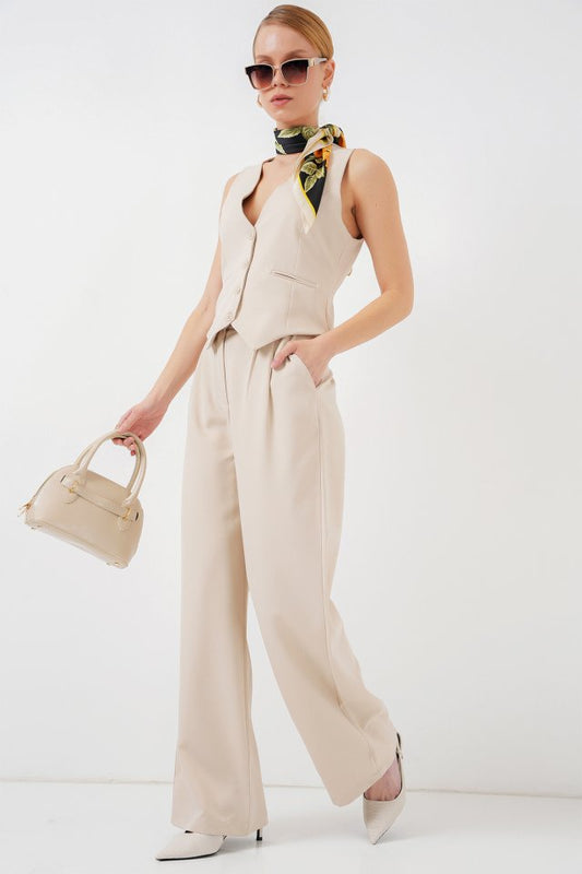 6709 Yelek Pantolon İkili Takım - Krem