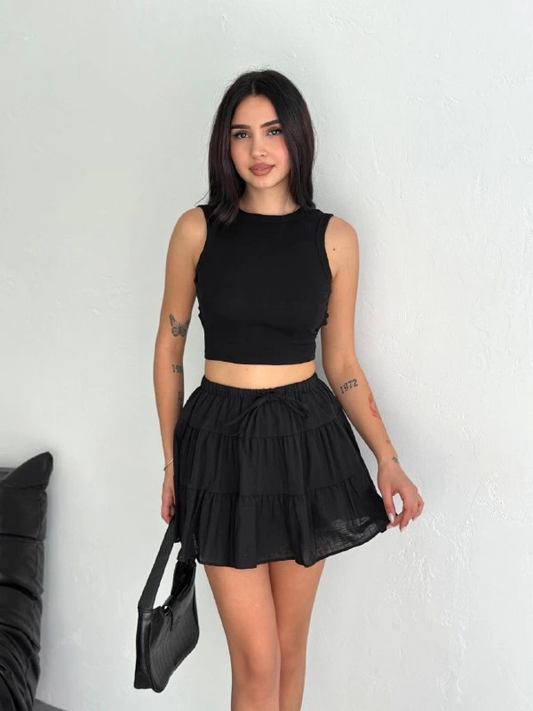 Keten Şortlu Etek - Siyah