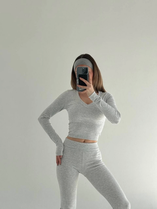 V Yaka Uzun Kollu Bluz İspanyol Paçalı Tayt İkili Takım - Gri