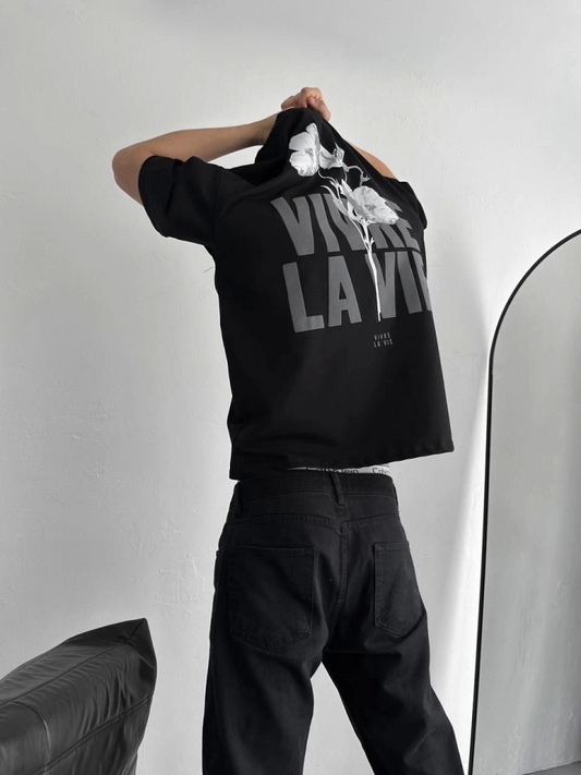 Baskılı Oversize Bisiklet Yaka T-shirt - Siyah