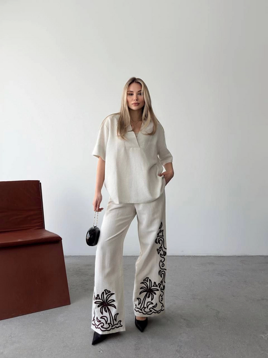 Keten Kısa Kolu V Yaka Bluz Pantolon Ikili Takım- Beyaz