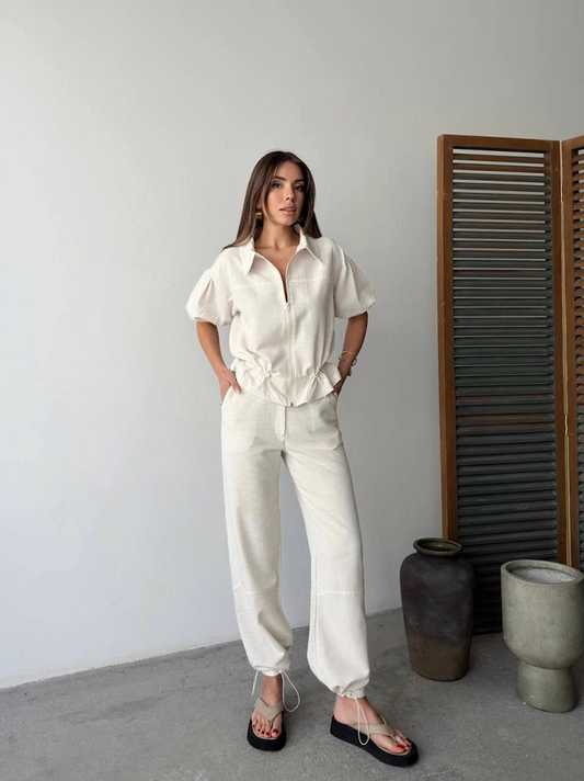 Keten Tam Fermuarlı Kısa Kollu Gömlek Pantolon Ikili Takım - Beyaz