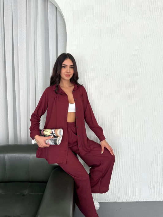 Yakalı Düğmeli Uzun Kollu Gömlek Pantolon Ikili Takım - Bordo