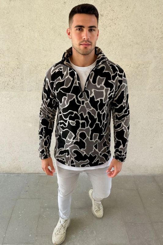 Erkek Yarım Fermuarlı Desenli Polar Sweat Yakalı, Uzun Kollu, Oversize Rahat Kalıp - Siyah