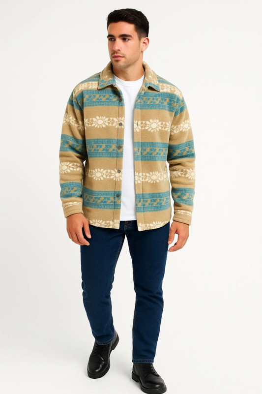 Erkek Desenli Polar Gömlek – Etnik Şerit Desen Yakalı, Uzun Kollu, Düğmeli, Oversize Rahat Kalıp - Sarı