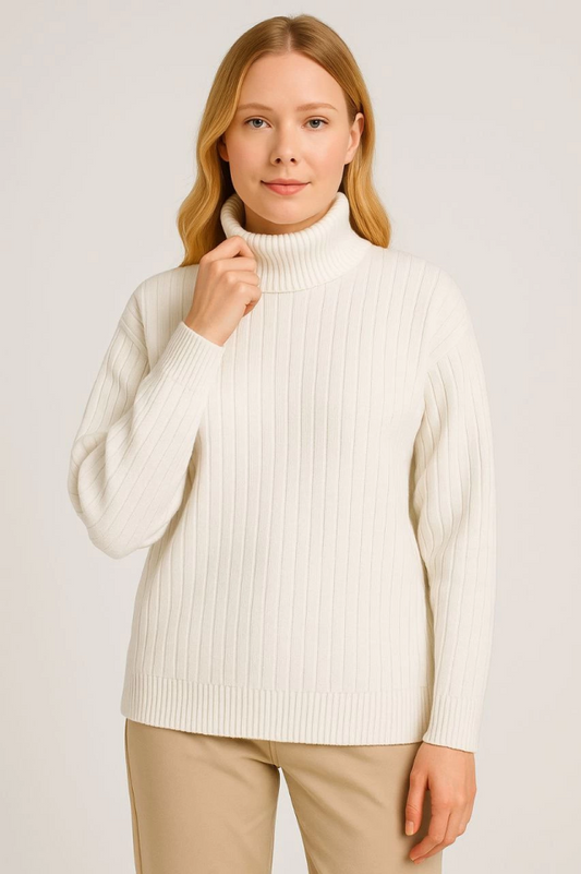 Balıkcı Yaka Bağazlı Triko Kazak Pamuklu Kalın Fitilli Dokuma - Beyaz