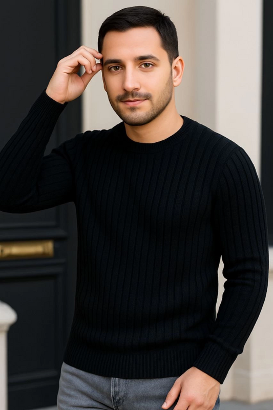 Erkek Bisiklet Yuvarlak Yaka Triko Kazak Pamuklu Kalın Fitilli Dokuma, Regular Fit Uzun Kollu Kışlık Model - Siyah