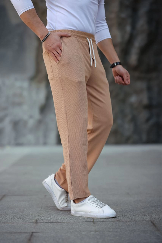 Erkek Paça Yırtmaçlı Burgu Selanik Dokulu Jogger Buggy Pantalon Rahat Kalıp - Kahverengi