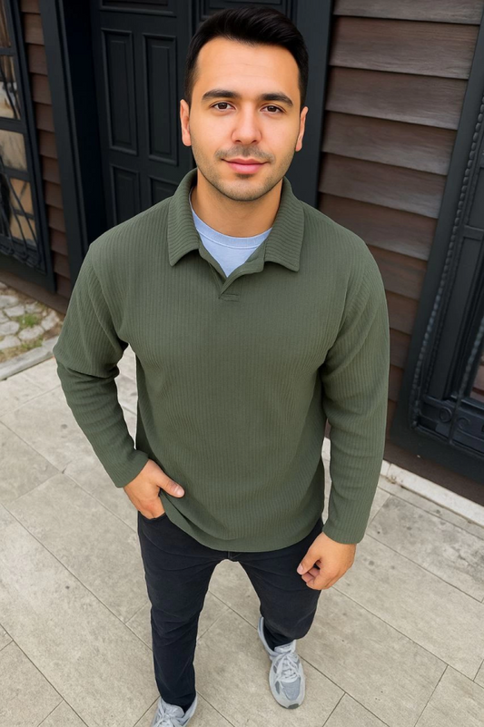 Erkek Fitilli Polar Sweatshirt – Düğmesiz Polo Yaka, Oversize Rahat Kalıp, Kalın Polar Kumaş, Kışlık Ve Baharlık Şık Günlük Üst - Haki