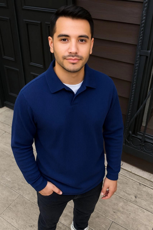 Erkek Fitilli Polar Sweatshirt – Düğmesiz Polo Yaka, Oversize Rahat Kalıp, Kalın Polar Kumaş, Kışlık Ve Baharlık Şık Günlük Üst - Lacivert