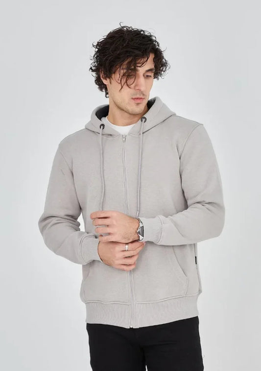 Unisex Tam Fermuarlı Kapşonlu SweatShirt - Boyalı Gri