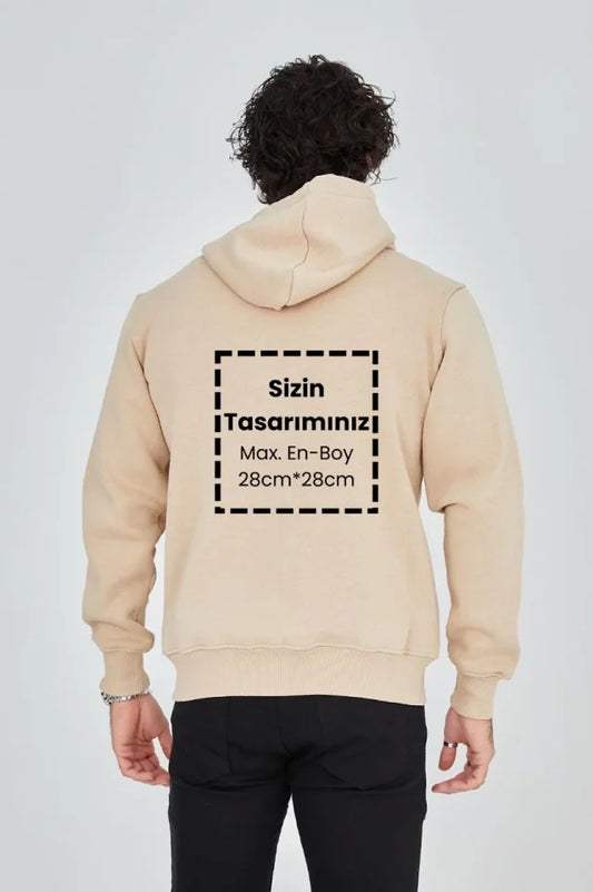 Unisex Tam Fermuarlı Kapşonlu Özel Tasarım SweatShirt - Bej
