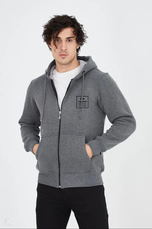 Unisex Tam Fermuarlı Kapşonlu Özel Tasarım SweatShirt - Antrasit