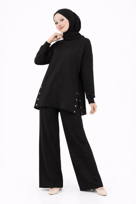 Osy Modal Yumuşak Dokulu Kumaş Modern Tesettür Takım Yandan Metal Çıtçıtlı Uzun Tunik Pantolon Set Salaş Kalıp - Siyah