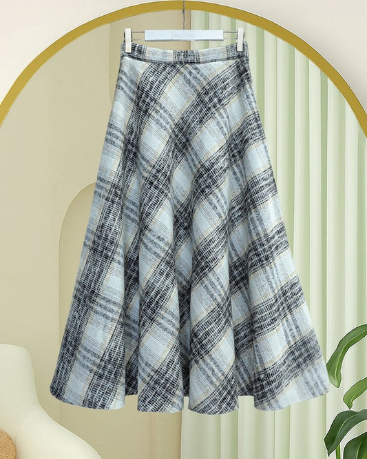 Ekose Desenli Yanı Fermuarlı Kaşe Çan Etek -Krem