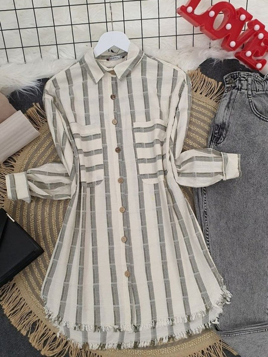 Eteği Püsküllü Gömlek -Bej