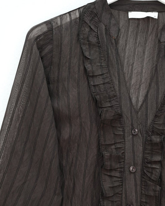 V Yaka Önü Fırfırlı Tensel Yari Transparan Buket Gömlek -K. Kahve