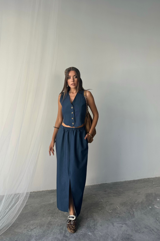 TENCEL YELEK - YIRTMAÇLI ETEK TAKIM - İndigo