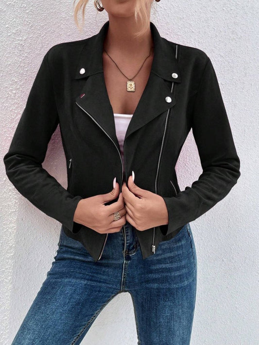 Kadın Uzun Kollu Yakalı önden Fermuarlı Kısa Süet Ceket
