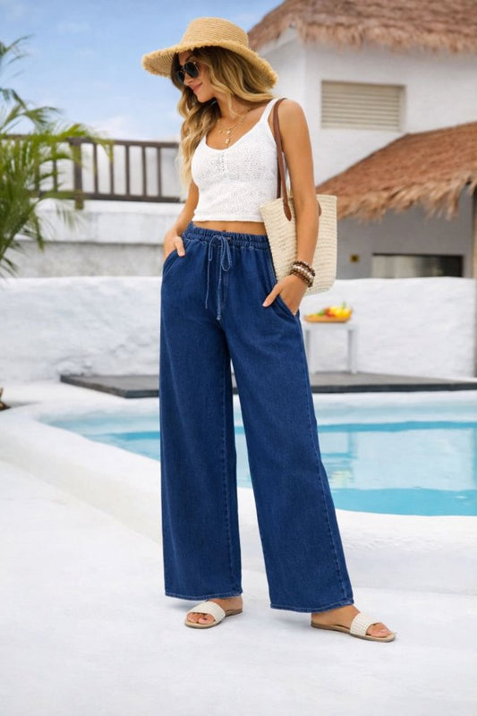 Kadın Yüksek Bel Lastik Detay Bol Paça Pantolon