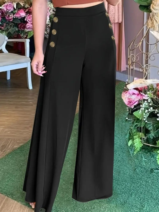 Kadın Yüksek Bel Yan Düğme Detaylı Geniş Paçalı Ithal Krep Pantolon