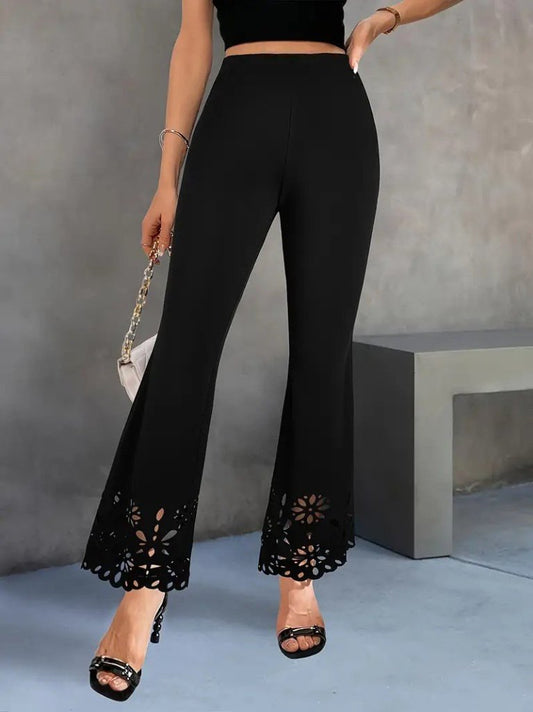 Kadın Yüksek Bel Paçaya Doğru Genişleyen Lazer çiçek Kesim Detaylı Ithal Krep Pantolon