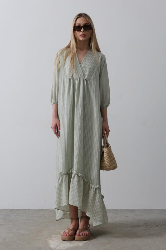 Çizgili Oversize V Yaka Elbise - Haki