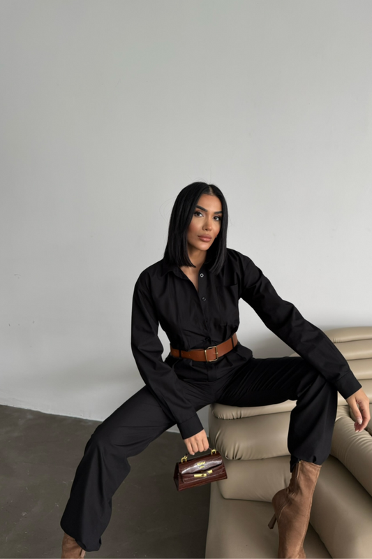 TULUM KEMERLİ GÖMLEK YAKA UZUN KOL POPLİN KUMAŞ - Siyah