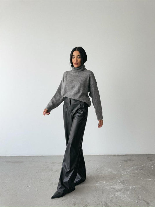 DERİ PALAZZO PANTOLON BORU PAÇA - Siyah