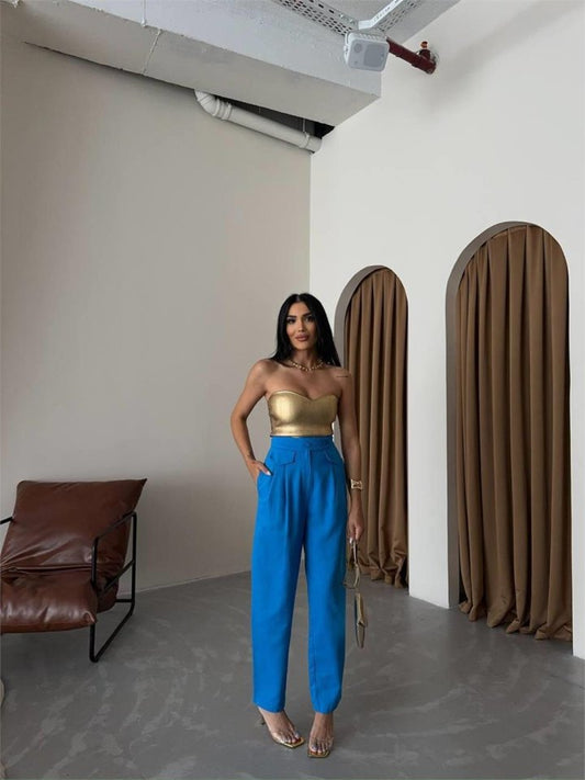 PANTOLON KAPALI CEP 3 DÜĞME DETAYLI - Mavi