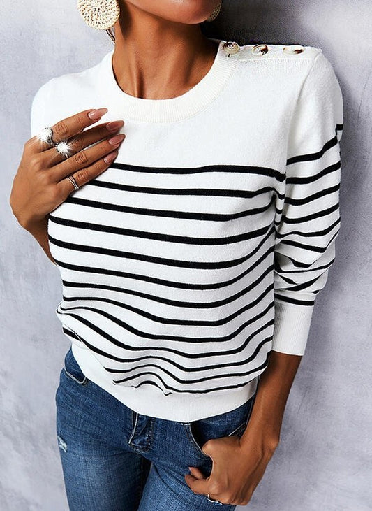 Kadın Uzun Kollu Omuzu Düğme Detay çizgili Triko Kazak