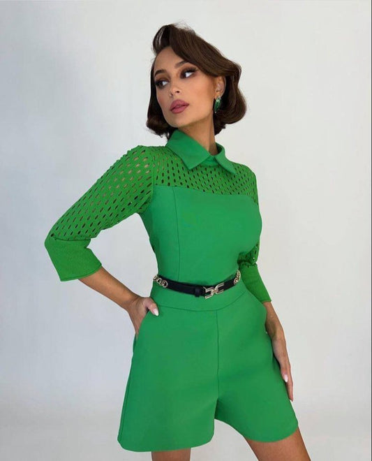 Kadın Atlas Kumaş Lazer Kesim Cep Detaylı Gömlek Yaka Tulum