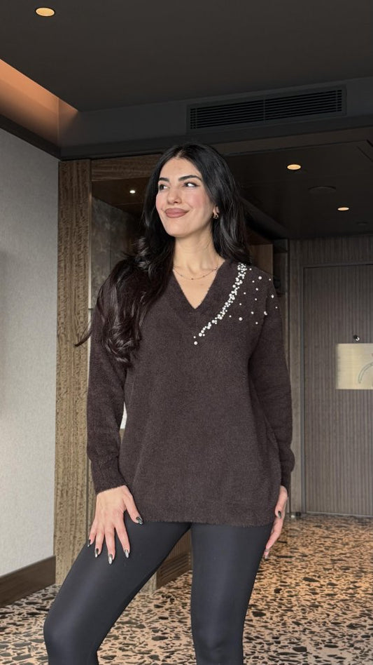 Kadın V Yaka Uzun Kollu Inci Detay Triko Bluz