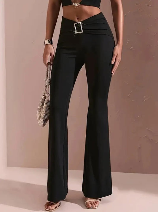 Kadın Yüksek Bel Tokalı Ispanyol Paçalı Dalgıç Pantolon