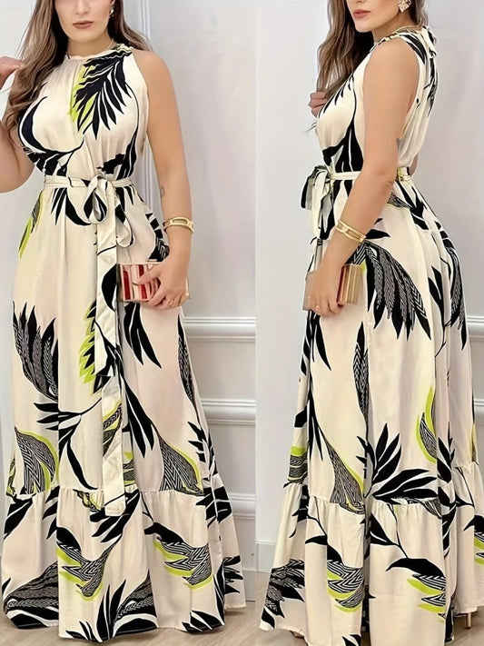 Kadın Sıfır Kok Bağcıklı Kemerli Etek Ucu Fırfırlı Desenli Süprem Elbise