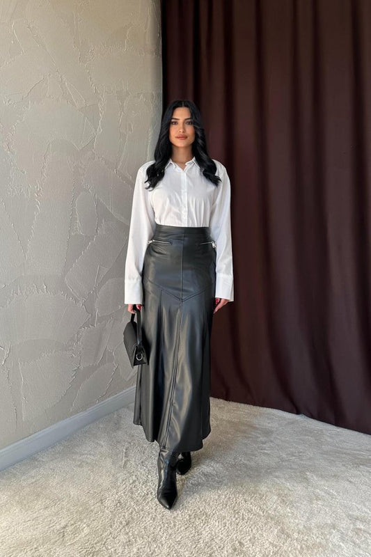 Siyah Fermuar Detaylı Deri Etek