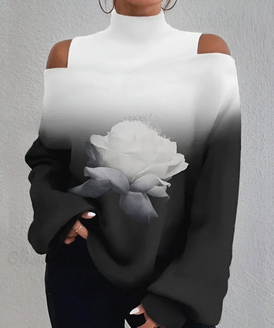 Kadın Uzun Kollu Balıkçı Yaka Omuz Pencereli Gül Dijital Baskılı şardonlu Dalgıç Salaş Bluz