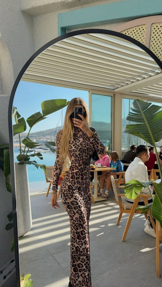 Kadın Leopar Desenli Sırt Dekoltelı Maxı Boy Elbise