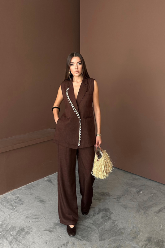 YAKA MİDYE KABUĞU SIRALI YELEK - PANTOLONTAKIM KETEN KUMAŞ - Kahverengi