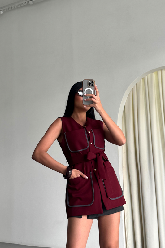 BÜYÜK CEP BİYE DETAYLI YELEK - Bordo