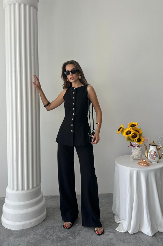 KETEN YELEK - PANTOLON TAKIM - Siyah