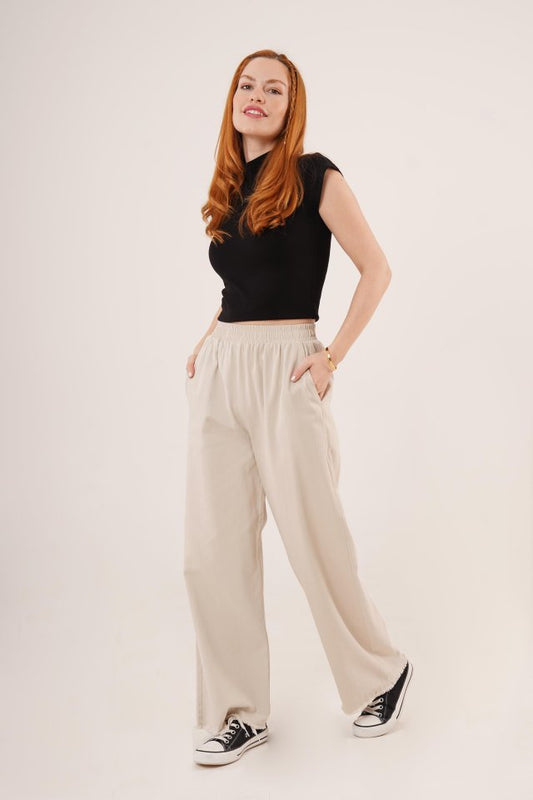 Bel Lastikli Paça Detaylı Cepli Krem Pantolon