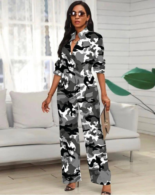 Kadın Uzun Kollu Kamuflaj Desen Tulum