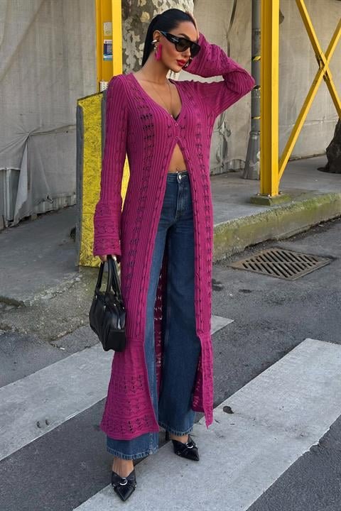 Ajur Uzun Düğmeli Triko Hırka 5181