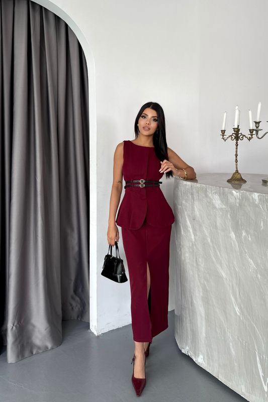 CEKET-ETEK GÖRÜNÜMLÜ ELBİSEÇİFT KEMER DETAYLI - Bordo