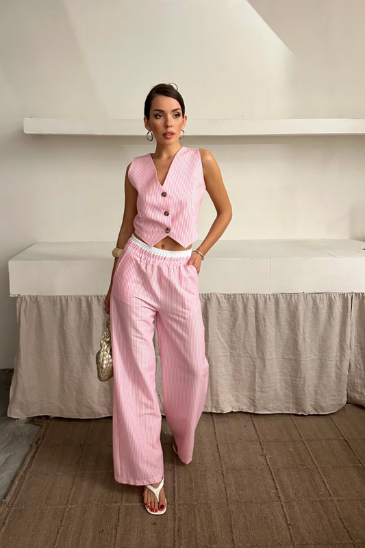 GOFRE ÇİZGİLİ YELEK - PANTOLON TAKIM - Pembe