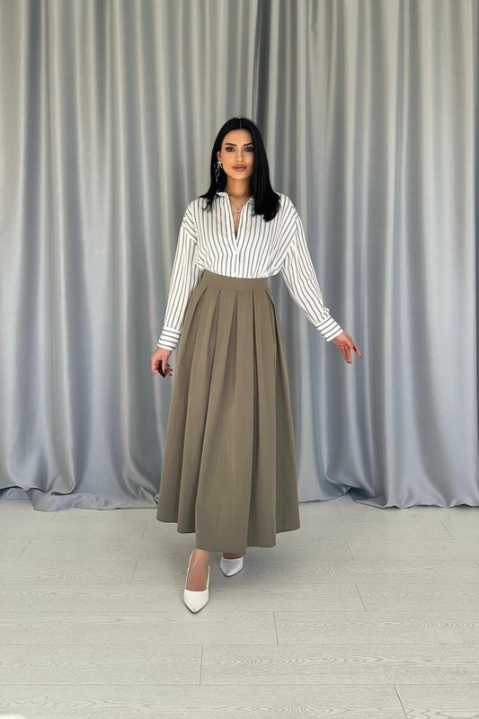 Haki Uzun Pileli Etek