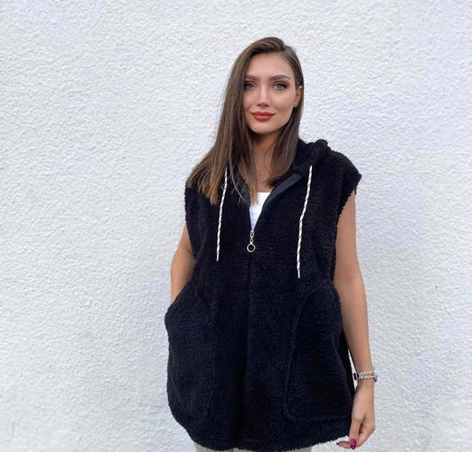 Kadın Kapüşon Ve Fermuar Detay Welsoft Kolsuz Yelek